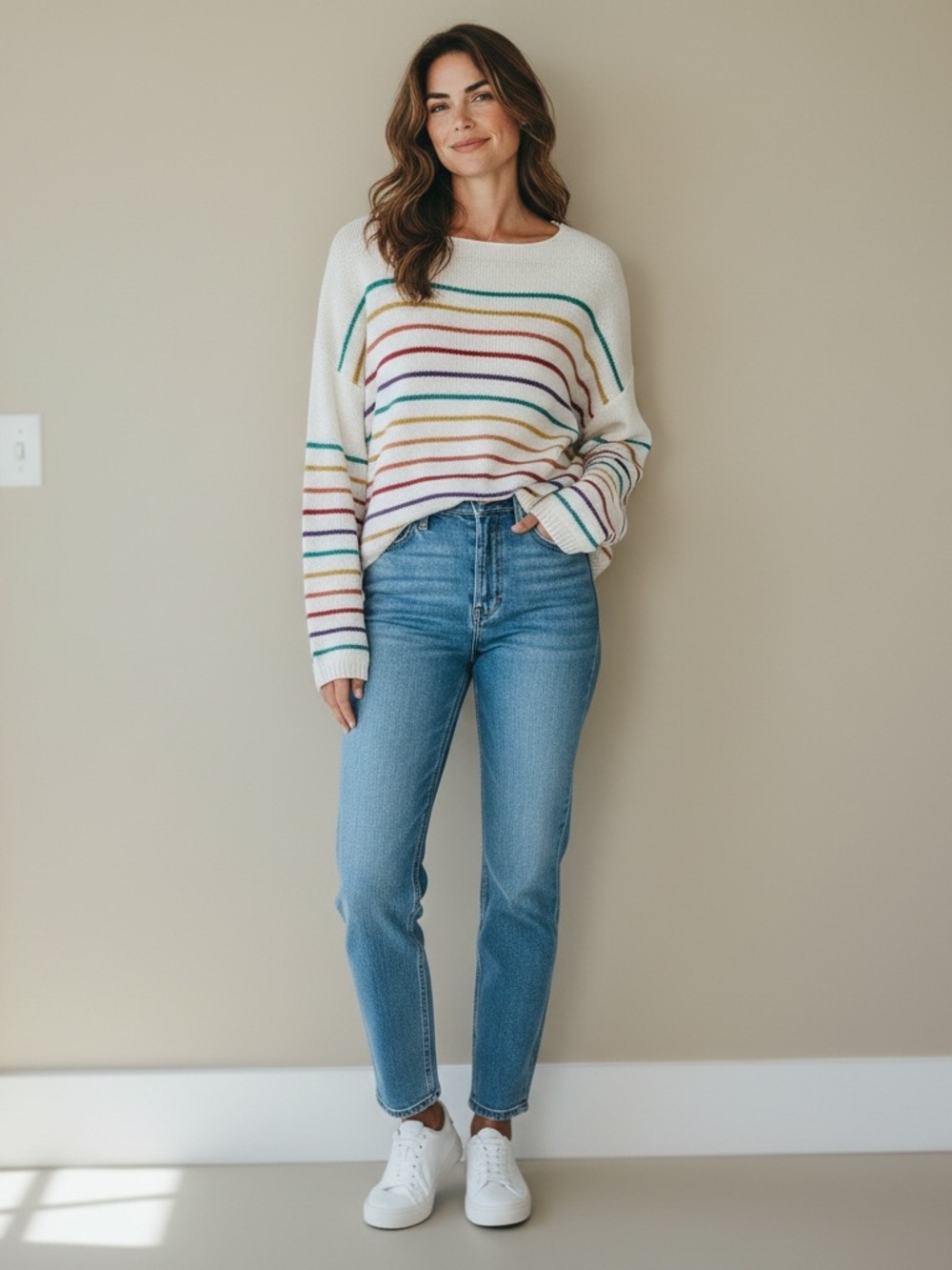 High-Rise Cream Sweater with Rainbow Stripes
